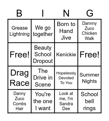 GREASE BINGO Card