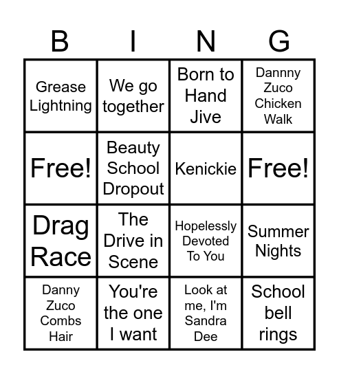 GREASE BINGO Card