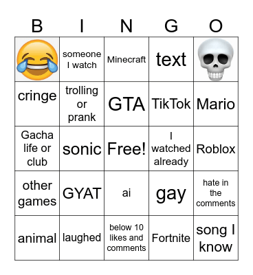 youtube shorts Bingo Card