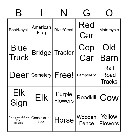 Pennsylvania Elk Trip Bingo Card