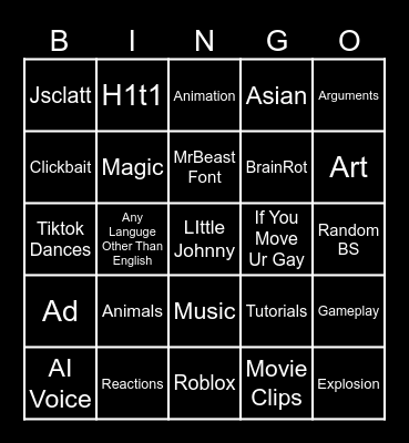 YOUTUBE SHORTS Bingo Card