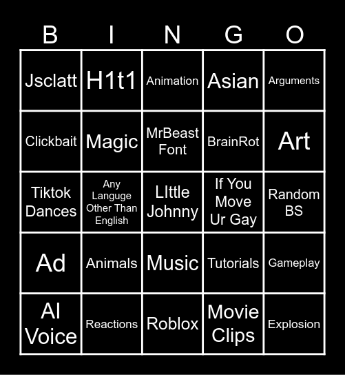 YOUTUBE SHORTS Bingo Card