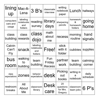 All About Mrs. Gregory's Class Bingo Card