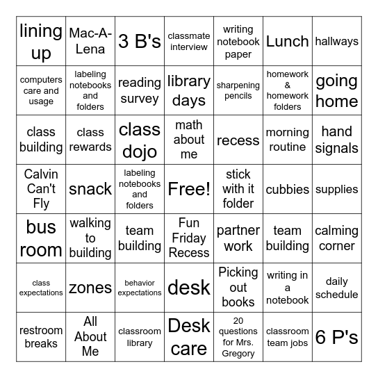 All About Mrs. Gregory's Class Bingo Card