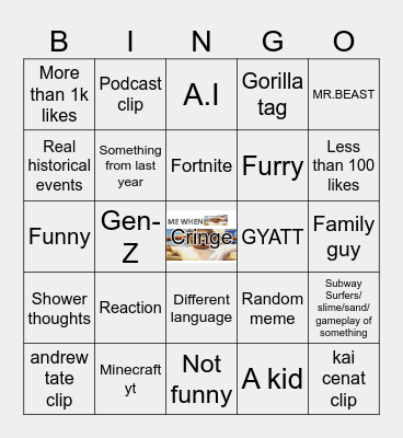 Youtube Shorts bingo Card