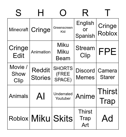 Youtube Shorts BIngo Card