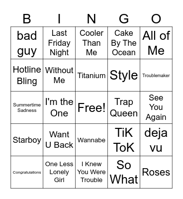 Pop Music Bingo Card