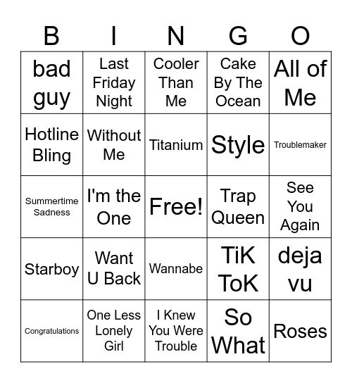 Pop Music Bingo Card