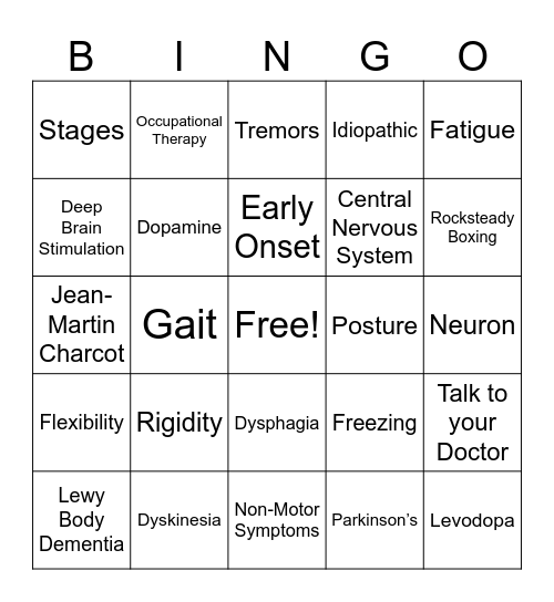 Parkinson's Bingo Full Bingo Card