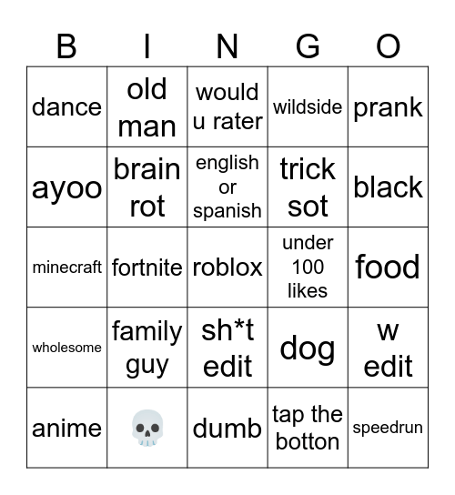 yt short Bingo Card