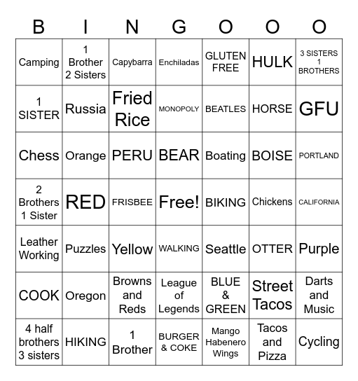 Friendship House Bingo Card