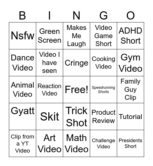 YT Shorts Bingo Card