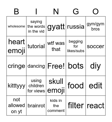 epic yt short bingo Card