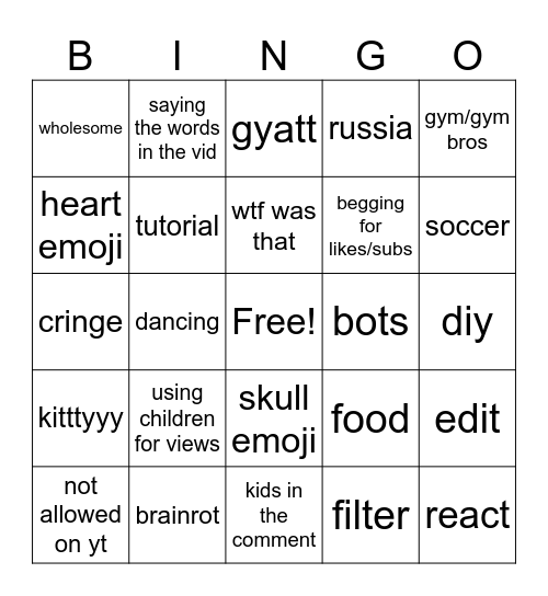 epic yt short bingo Card