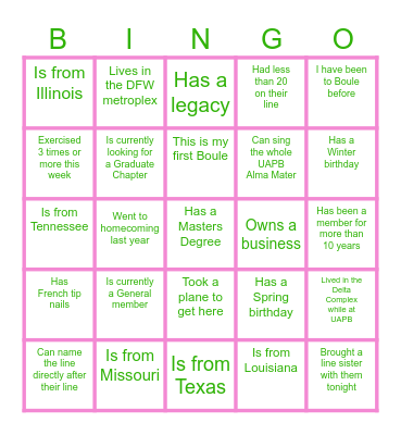 Alpha Rho Alumni Bingo Card