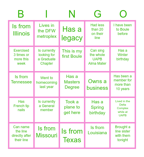 Alpha Rho Alumni Bingo Card