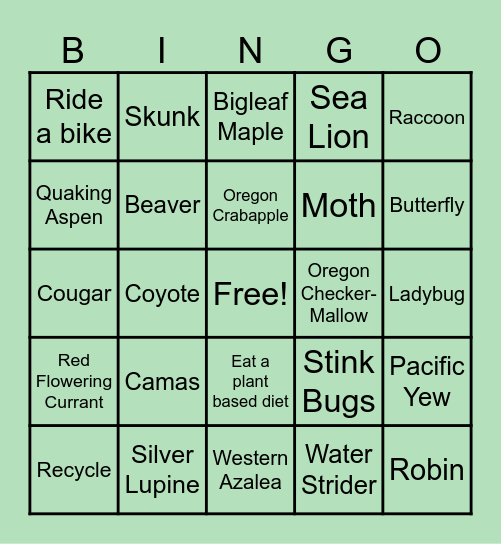 Nature Bingo Card