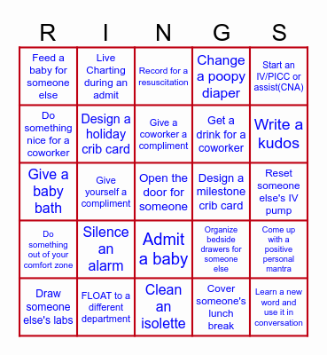 NICU Acts of Service Olympics Bingo Card