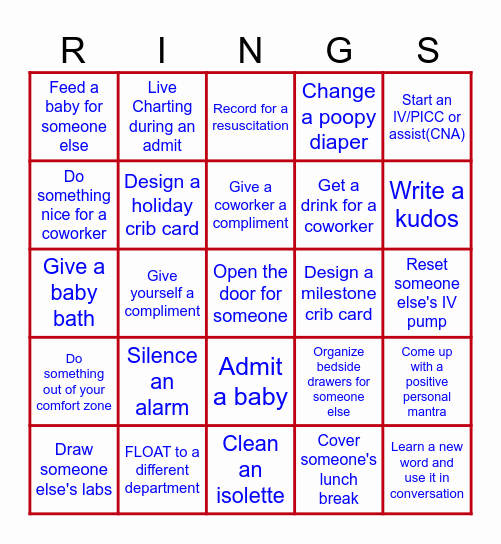 NICU Acts of Service Olympics Bingo Card