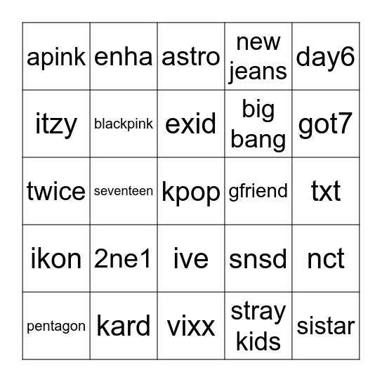 kpop Bingo Card