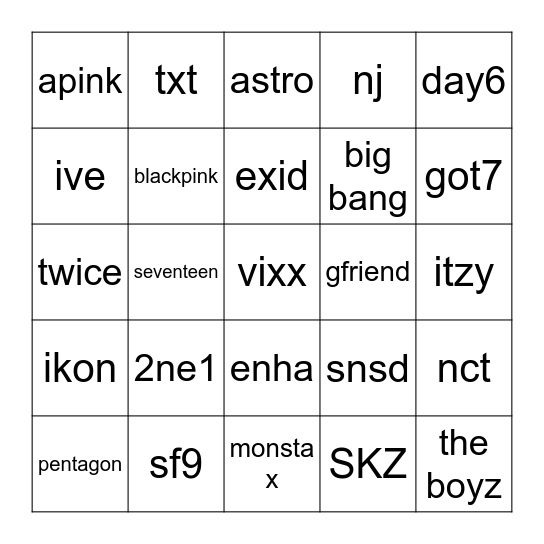 kpop Bingo Card