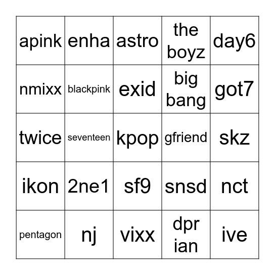 kpop Bingo Card