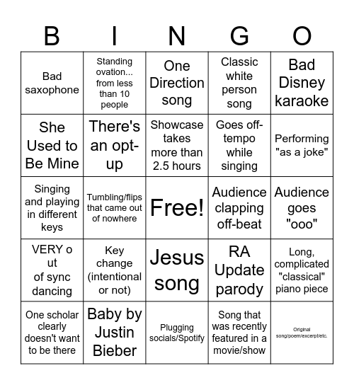 Showcase Bingo Card