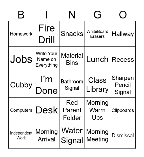 3rd Grade Procedures Bingo Card