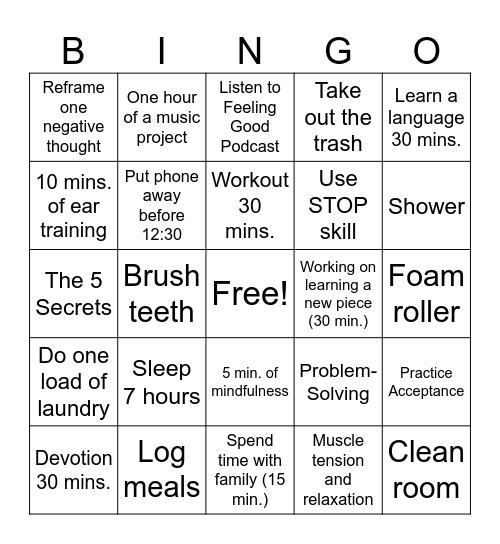 Daily Tasks Bingo Card