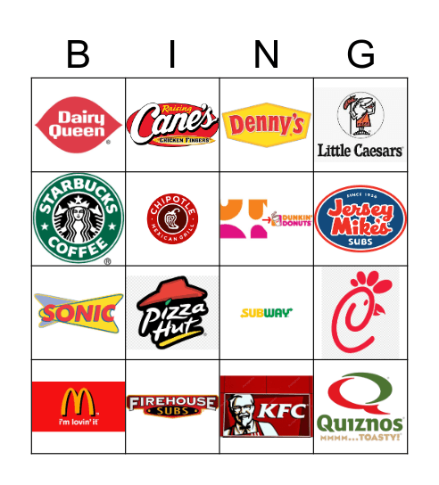 Fast Food Restaurant Logos Bingo Card