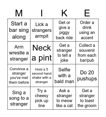Mike's Stag Bar Crawl Bingo Card