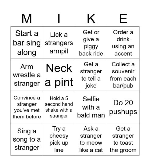 Mike's Stag Bar Crawl Bingo Card