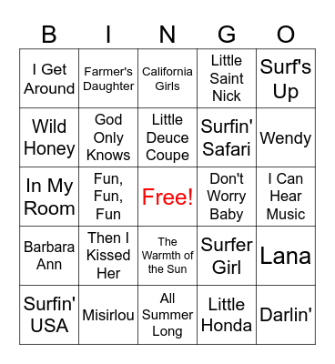 Beach Boys Bingo Card