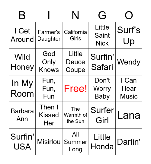 Beach Boys Bingo Card