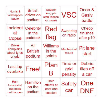 British Grand Prix Bingo 2024 Bingo Card