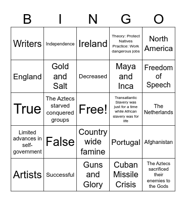 Buff World History B Review Bingo Card