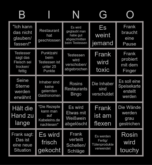 Rosins Restaurant Bingo Card