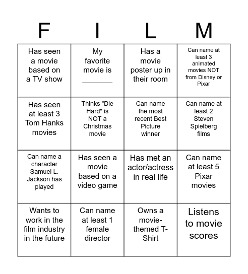 First Day of Intro to Film Bingo Card