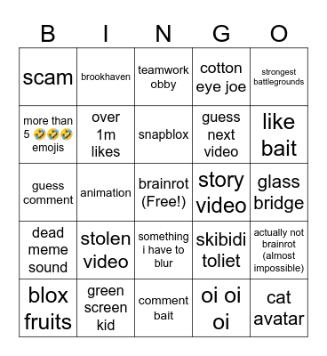 roblox youtube shorts brainrot bingo Card