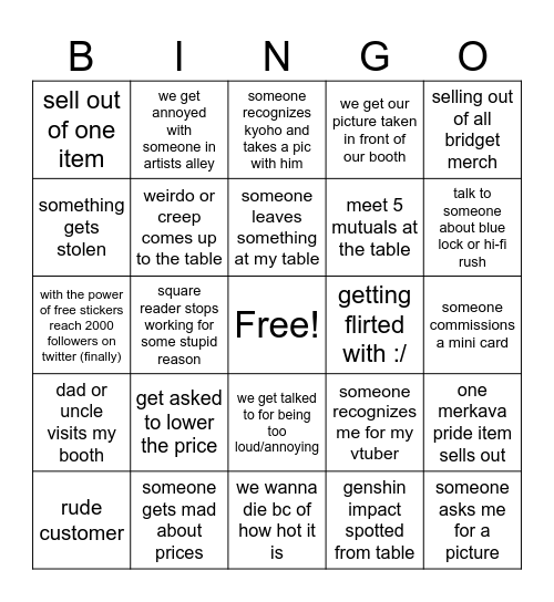 EVO ARTIST ALLEY BINGO Card