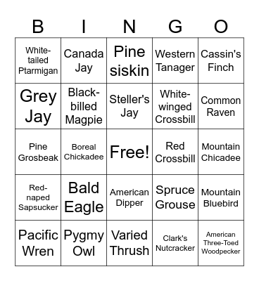 Banff Bird Bingo Card