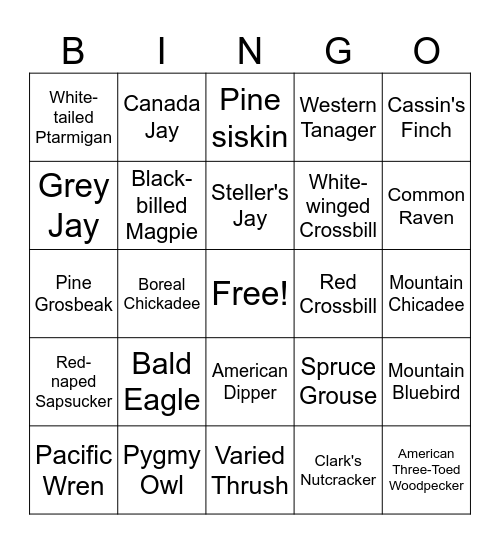 Banff Bird Bingo Card