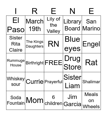 I R E N E-G O Bingo Card