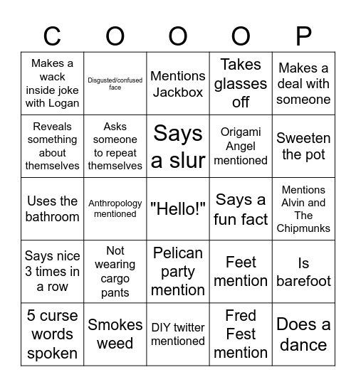 Cooper Bingo Card