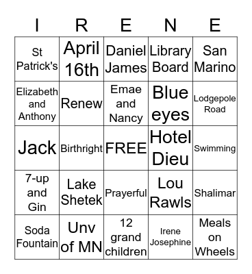 I R E N E-G O Bingo Card