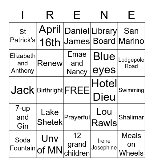 I R E N E-G O Bingo Card