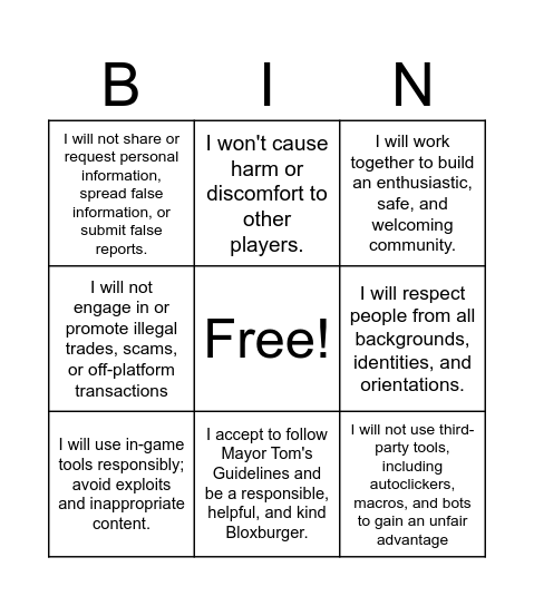 Bloxburg Rules Card Bingo Card