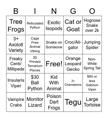 Reptile Expo Bingo Card
