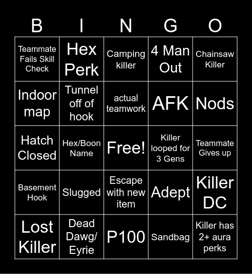 Dead by Daylight Bingo Card