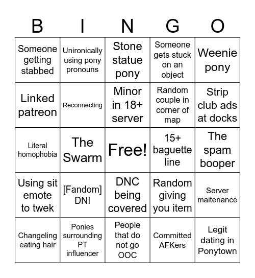 Ponytown 18+ Server Bingo Card